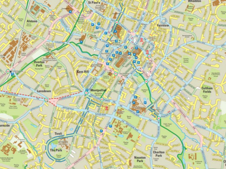 An excerpt from our cycling maps showing cycle lanes and routes with clear ability grading