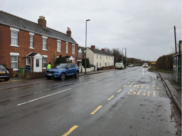 B4063 road approaching churchdown, which Gloucestershire county council are proposing becomes a cycle lane