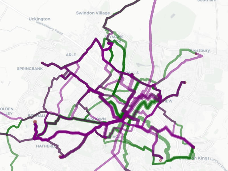 An extract from the propensity to cycle tool showing desire routes and opportunities in Cheltenham