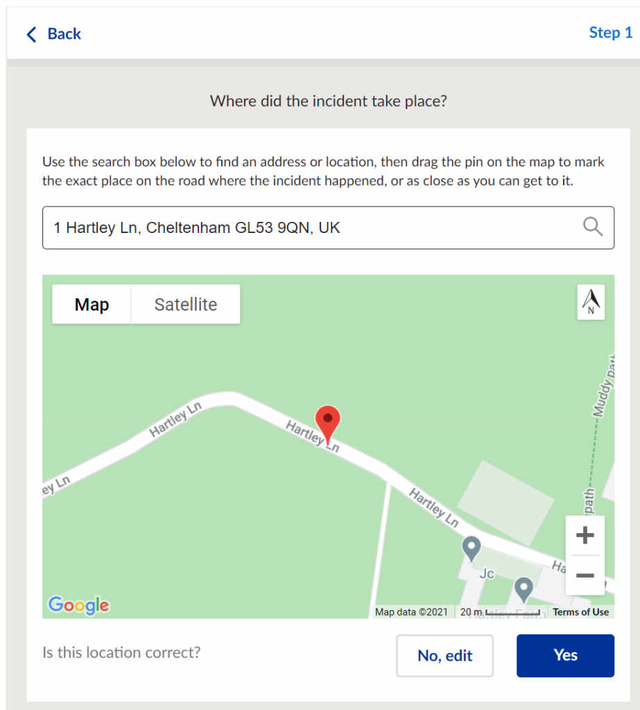 A location box where you can select where the close pass, mobile phone usage or other motor offence occurred that you recorded on your action camera.