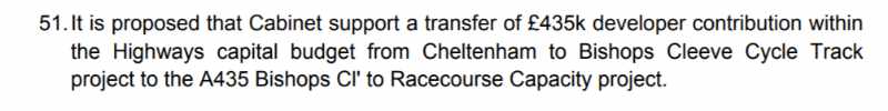 A statement from the cabinet papers saying that the cabinet supports a transfer from the Cheltenham to Bishop's Cleeve Cycle path