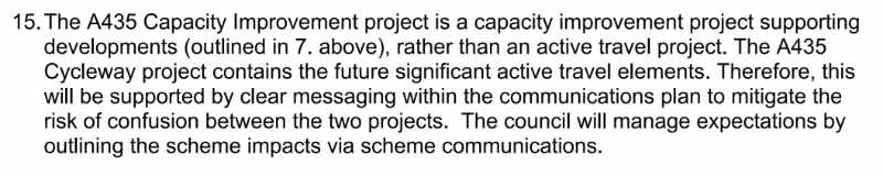 An extract of the Gloucestershire County Council cabinet papers on the link to the Bishop's Cleeve Cycle route describing the A435 as 'a capacity improvement project...rather than an active travel project'