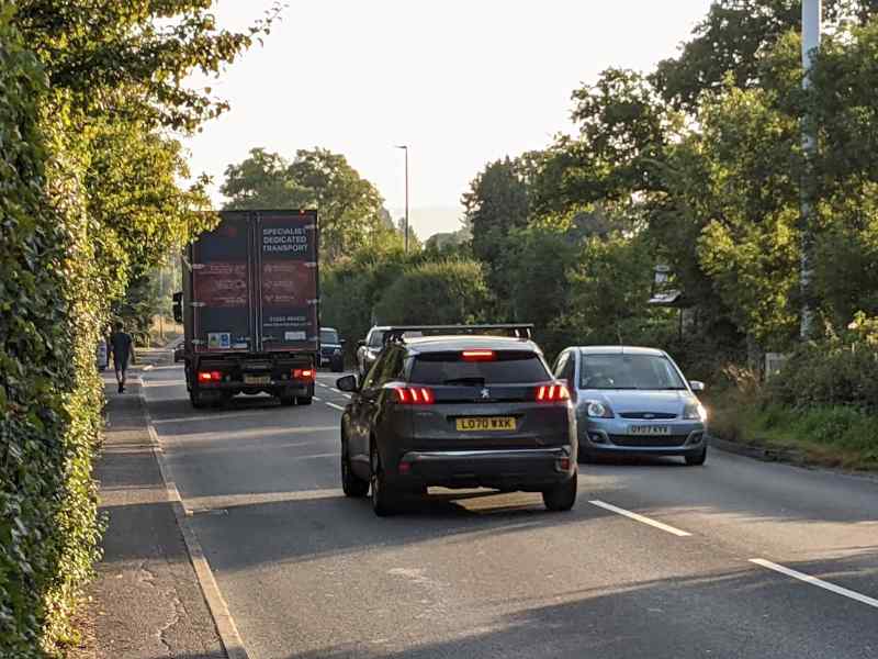 A photo of the A46 showing the traffic mix and inadequate proposed widths for safe cycling