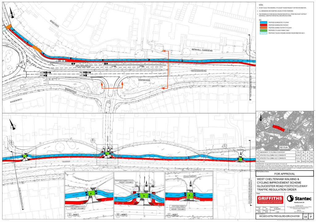 A plan of the first section from Benhall Roundabout to Granley Gardens, showing the cycleway proposal