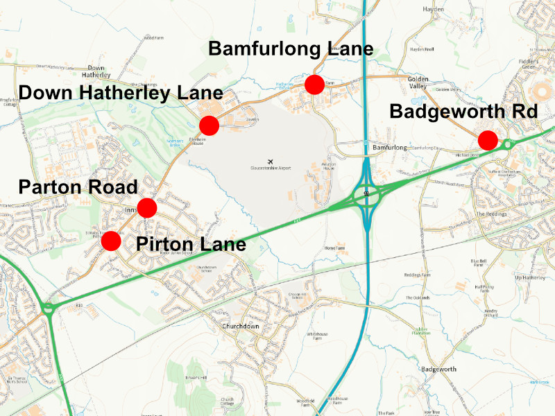 A map west of cheltenham marked with 5 locations.