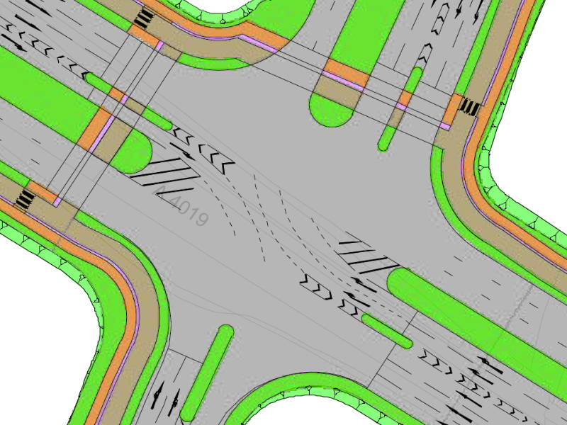 A zoomed in section of the plans showing a five lane approach to a junction.