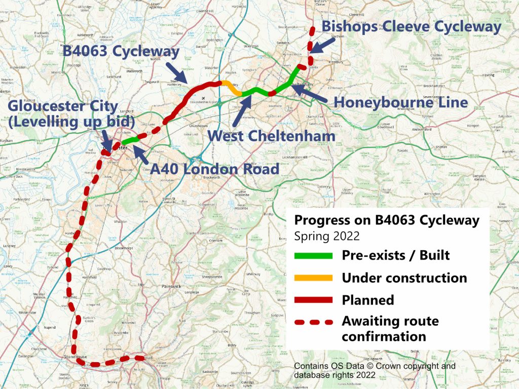 The Gloucestershire cycle route proposal passing through Stroud, Stonehouse, Gloucester, Churchdown, Cheltenham and Bishop's Cleeve to Tewkesbury. Sections are highlighted to show progress to date.