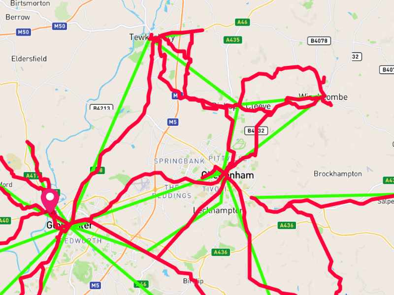 An excerpt from the Gloucestershire Countywide Cycling Improvement Plan, showing a number of desire lines and routes.