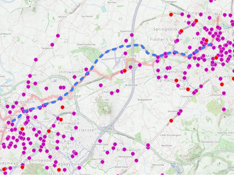 A map showing how the current road safety policy approach of a single lane of cycle infrastructure will not prevent serious injuries and deaths, as most of the killed and seriously injured marks are shown away from the proposed cycle route.