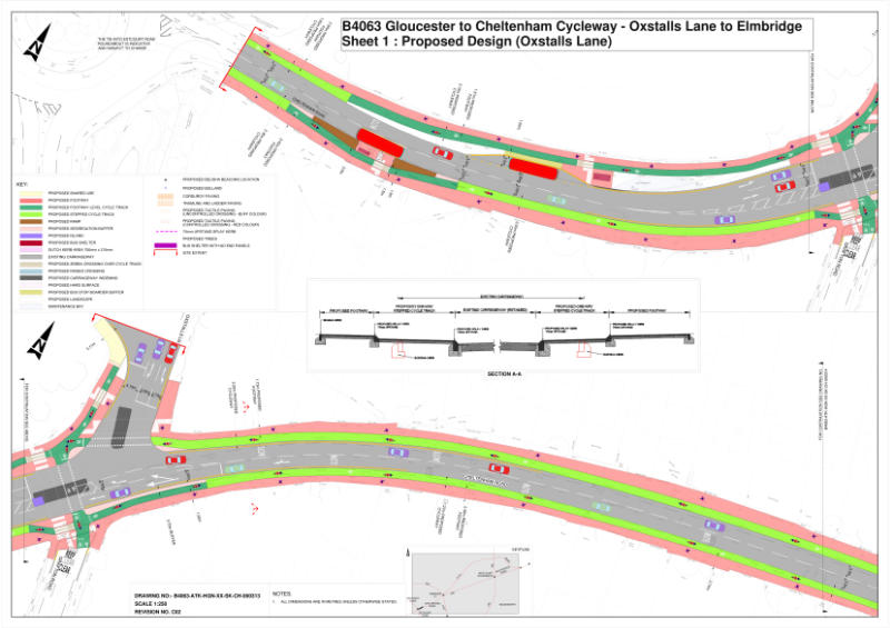 Sheet one from the Gloucestershire Cycle Spine plans near the Elmbridge Roundabout and Ostalls Lane