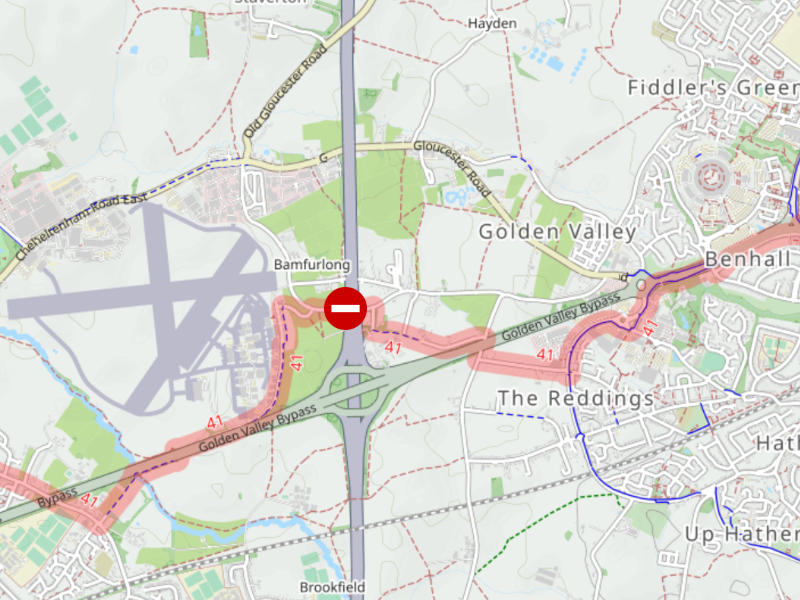 A map with a large no entry sign marked on the Bamfurlong Lane bridge, indicating the loss of cycling and pedestrian route between Churchdown and Cheltenham.