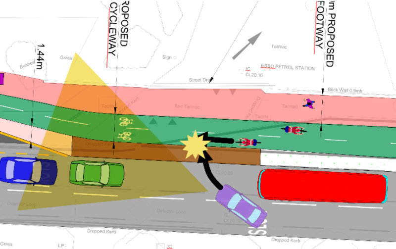 Figure 2: Illustration of how usual traffic conditions, combined with likely field of view for drivers, creates high risk collisions where the two way cycleway crosses the entrance to the petrol forecourt.