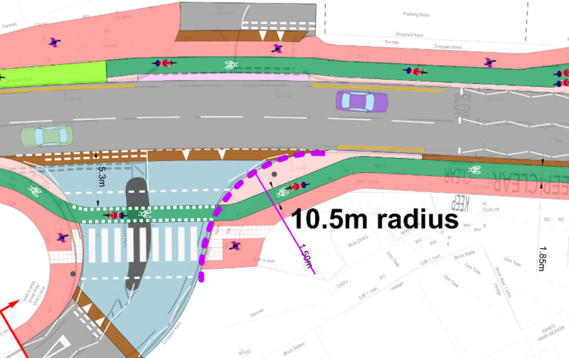 Figure 3: Indicative measurement of Elmbridge Road Junction with corner radius >10m, compared to LTN 1.20 (10.5.16) recommendation of 4m, giving this junction a JAT 0 score