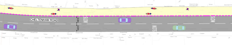 Figure 4: The narrowest shared section of the route near Elmbridge Court, which measures under 3.0m as recommended by Table 6.3 even for quiet, rural shared routes.