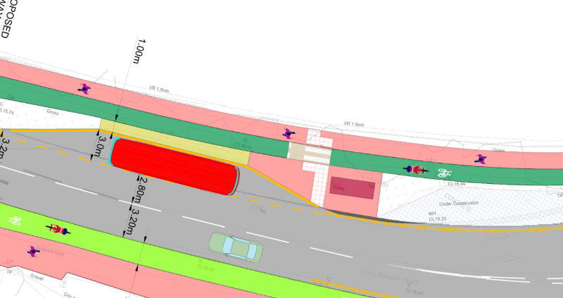 Figure 6: An example of a bus stop where the design intention will not deliver based on the real-world desire lines and the conflicts they create, and where moving the bus back into the carriageway creates significant extra space for a high quality facility.