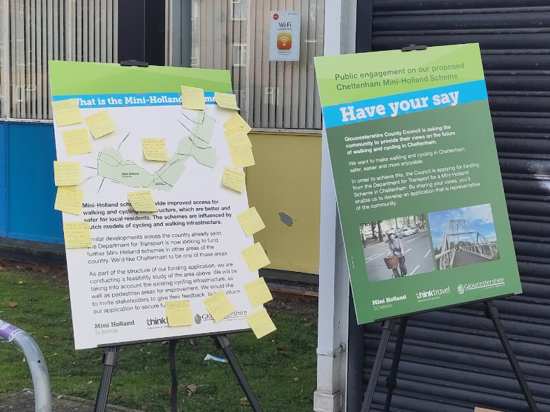 Gloucestershire County Council engagement boards for the Mini-Holland cycle and walking scheme in West Cheltenham 