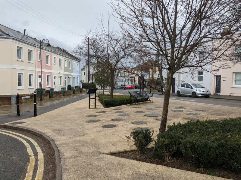 An example of existing provision in a low traffic neighbourhood near the Bath Road in Cheltenham with permeability for cyclists, as well as placemaking and space for pedestrians.