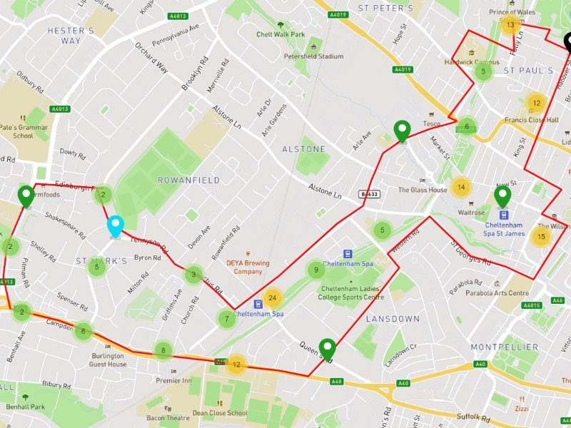 Consultation map showing the scheme area, which includes St Marks, the Poets, Queens Road, Waitrose, St James, and the Lower High Street, all centred around the Honeybourne Line and the WCTIS West Cheltenham Transport Improvement Scheme.