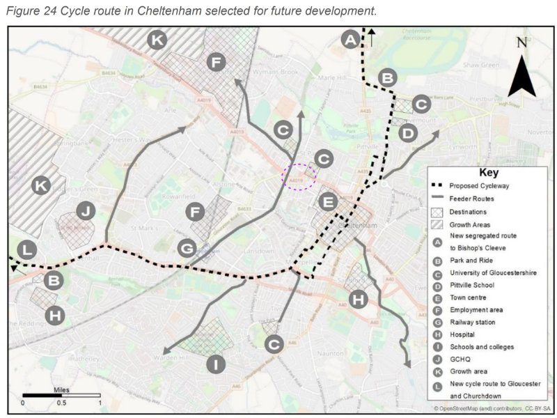 An extract from Gloucestershire County Council LCWIP for the Severn Vale, which includes Cheltenham