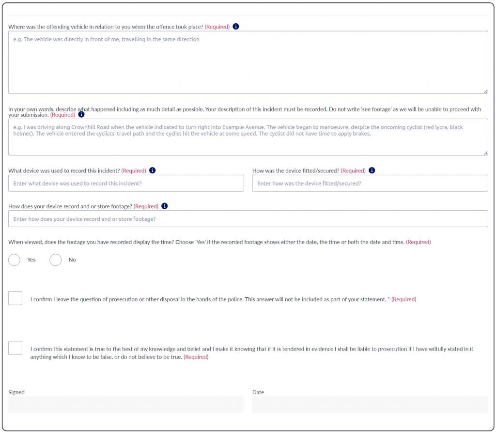 The second part of the statement for opsnap submission to Gloucestershire police where you describe the action camera you were using, such as gopro, and the type of incident, such as a close pass.