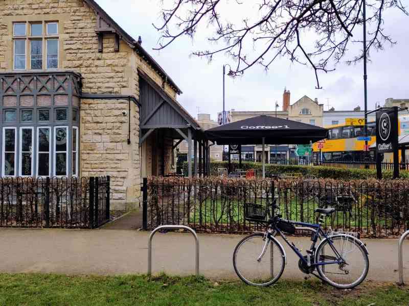 Bicycle parked outside Coffee #1 in Montpellier Gardens which currently hosts our cycling cafe and active travel socials.