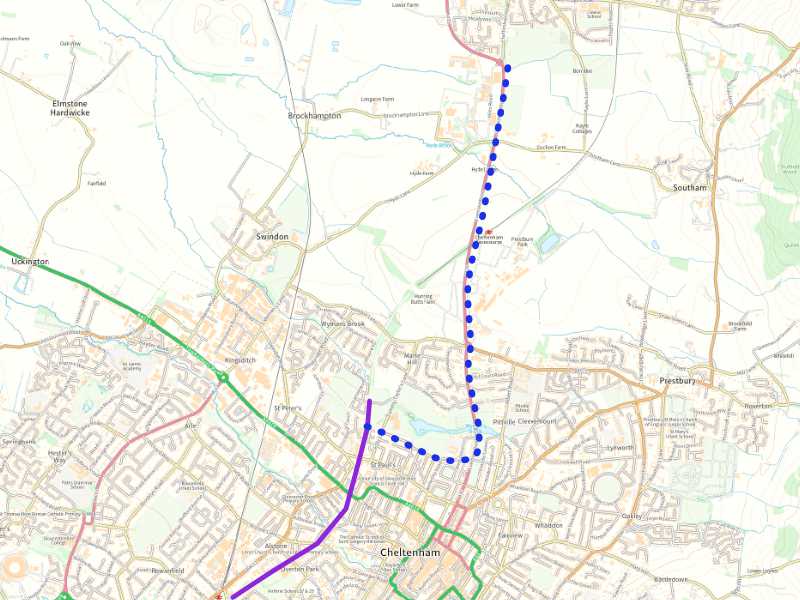 An outline map, showing a potential alignment of the Bishops Cleeve cycle route to Cheltenham through St Pauls, Pittville Park, alongside the A435 past Cheltenham Racecourse. 