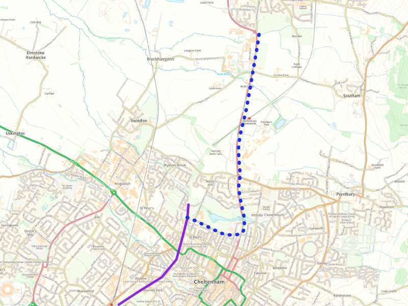 An outline map, showing a potential alignment of the Bishops Cleeve cycle route to Cheltenham through St Pauls, Pittville Park, alongside the A435 past Cheltenham Racecourse.