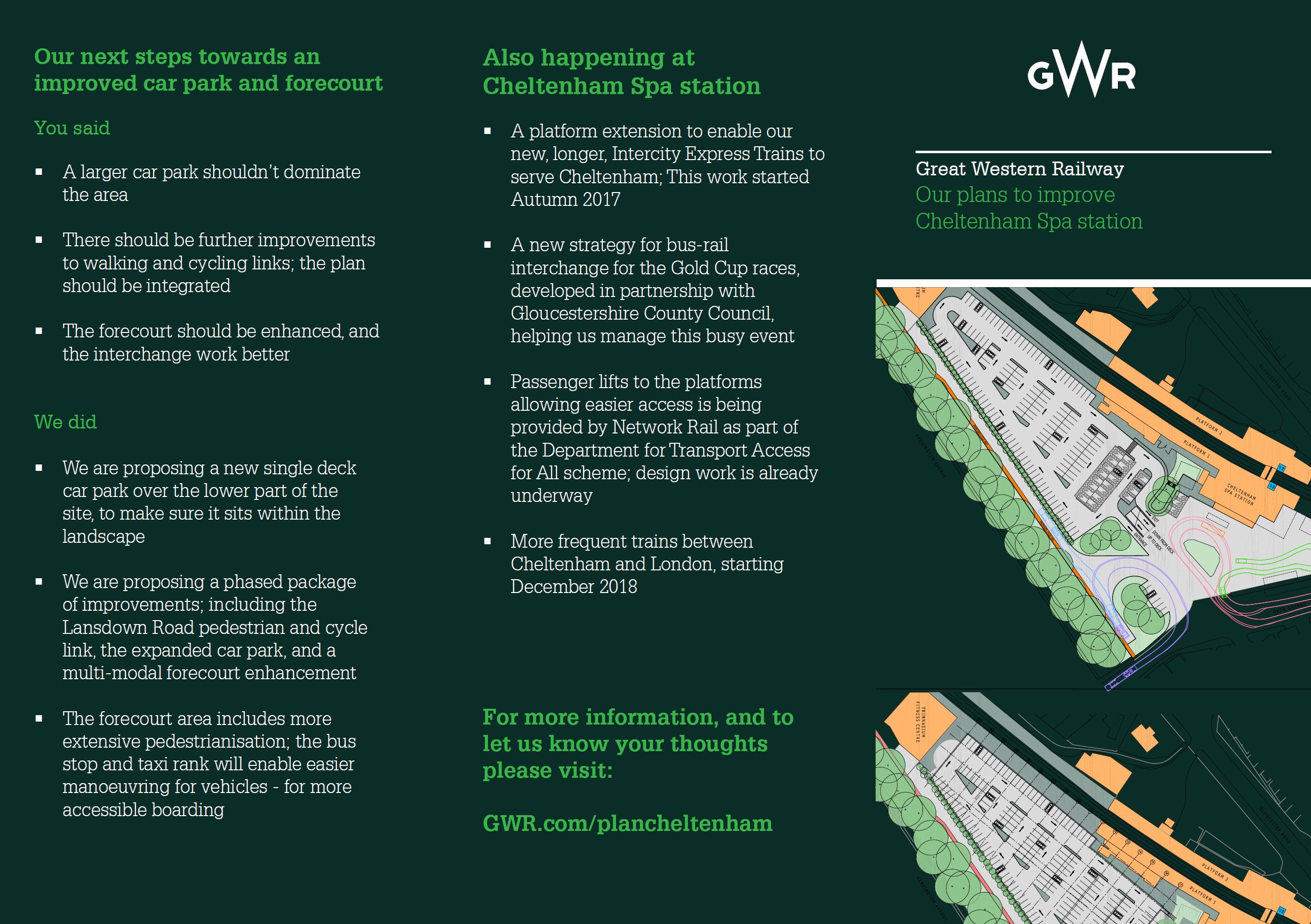 The original GWR campaign leaflet advertising the scheme, describing a phased package of improvements including the Lansdown Road pedestrian and cycle link to the Honeybourne Line