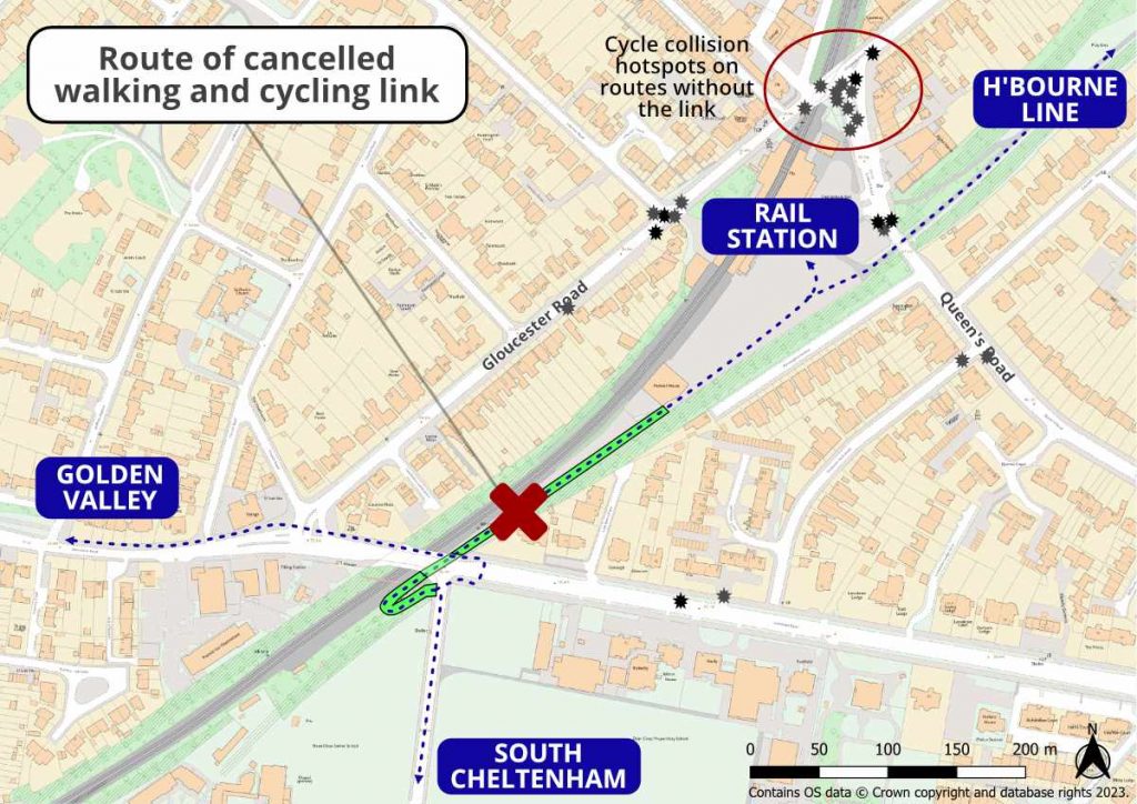 A map showing the honeybourne line and the cancelled cycle link. It shows how the link would allow onward travel from the Honeybourne Line to the station, the golden valley along the A40 and into South Cheltenham past Dean close along the Shelburne Road.